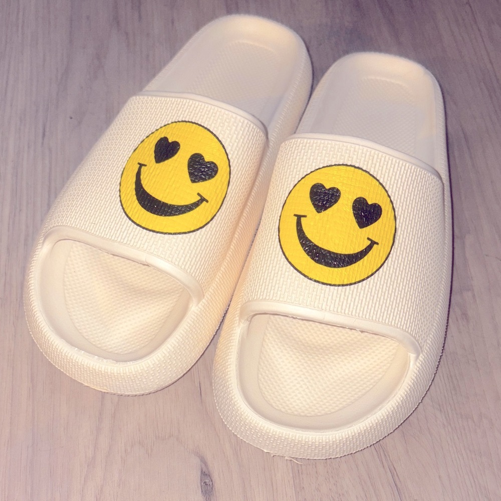 Women's Cream Slide Sandals with Smiley Face